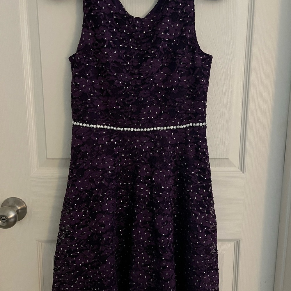 Elegant Purple Sleeveless Dress with Rhinestone Detail, Girls size 16